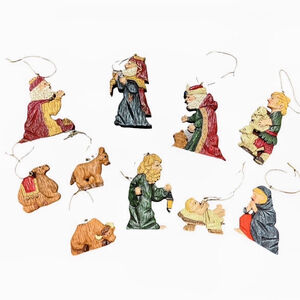 Holiday Time Nativity Christmas Ornaments Faux Wood Carved Resin 10 Piece Set